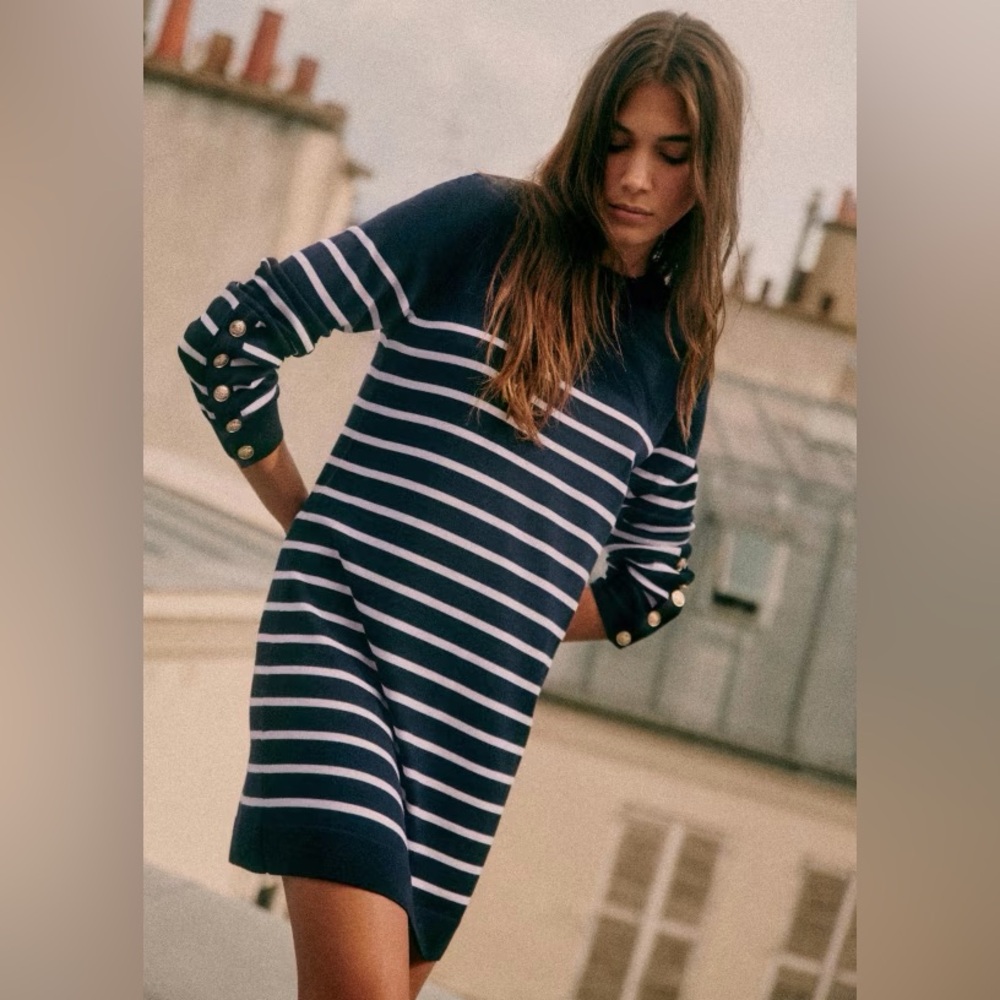 Sezane Paris Navy and White Striped Mini Sweater Dress Merino Wool NWOT holiday